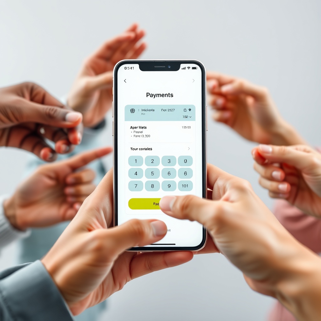 Professional stock photo of a modern digital payment interface on a smartphone screen, with a background showing diverse hands of different ages and ethnicities making contactless payments, symbolizing financial inclusion through digital solutions.