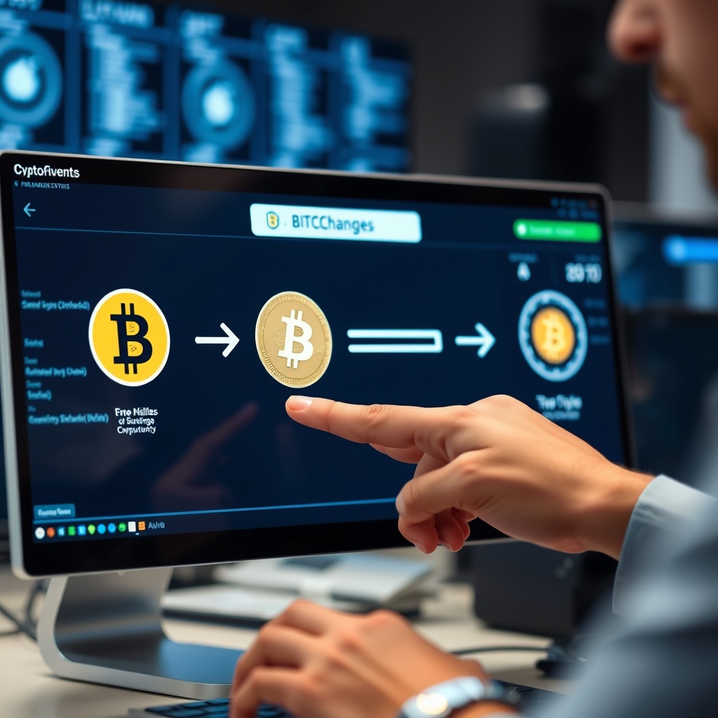 Professional stock photo of a person exchanging one cryptocurrency for another on a digital interface, with visual arrows and flowcharts illustrating the transaction process, in a tech-focused environment.