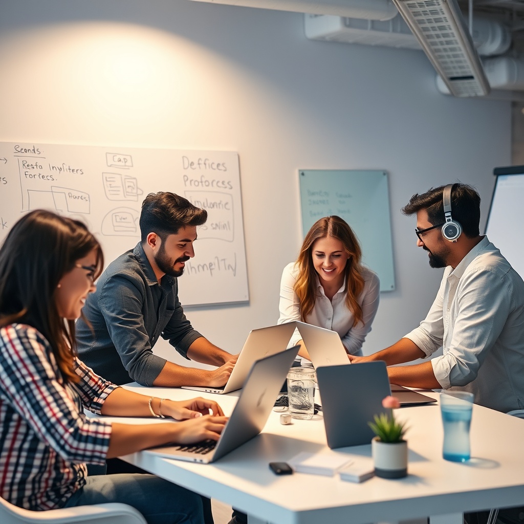 Professional stock photo of a dynamic startup workspace with young entrepreneurs collaborating around laptops and whiteboards, featuring modern technology and vibrant energy, representing innovation hubs and venture capital growth.