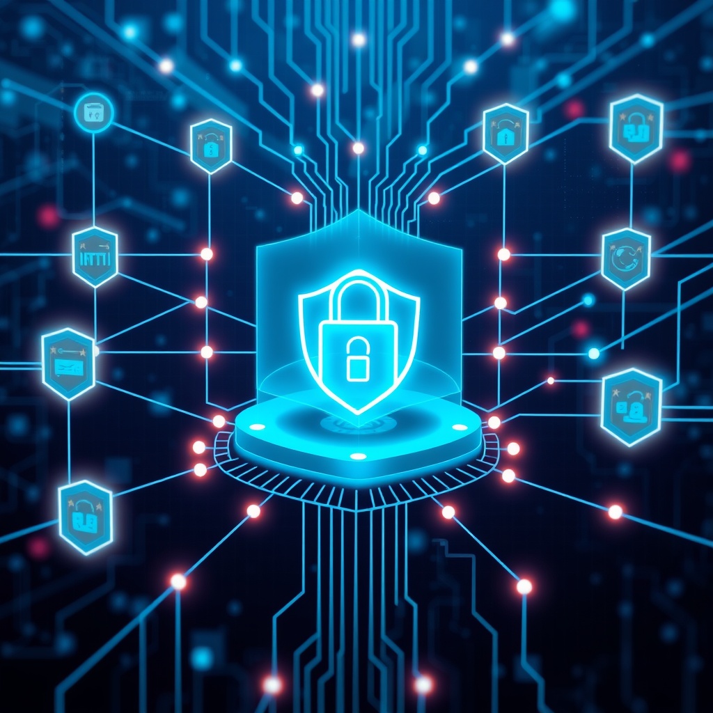 Professional stock photo of a secure digital infrastructure visualization with layered network connections and protective shields, depicting cybersecurity frameworks and data protection in financial services.