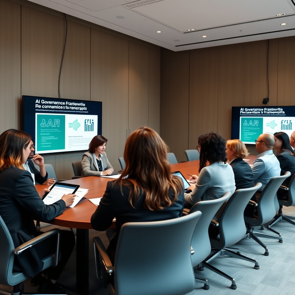Professional stock photo of a diverse team of professionals in a contemporary boardroom discussing regulatory compliance documents, with digital tablets showing AI governance frameworks and climate disclosure reports on screens in the background.