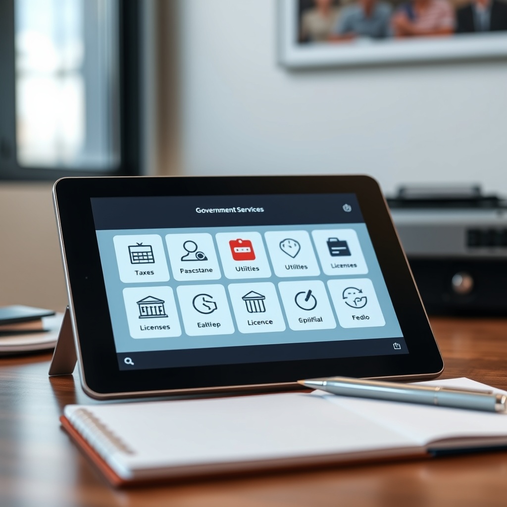 Professional stock photo of a modern digital tablet displaying a clean, organized interface with icons representing various government services like taxes, utilities, licenses, and education fees, set on a desk with a notepad and pen, symbolizing comprehensive service access.