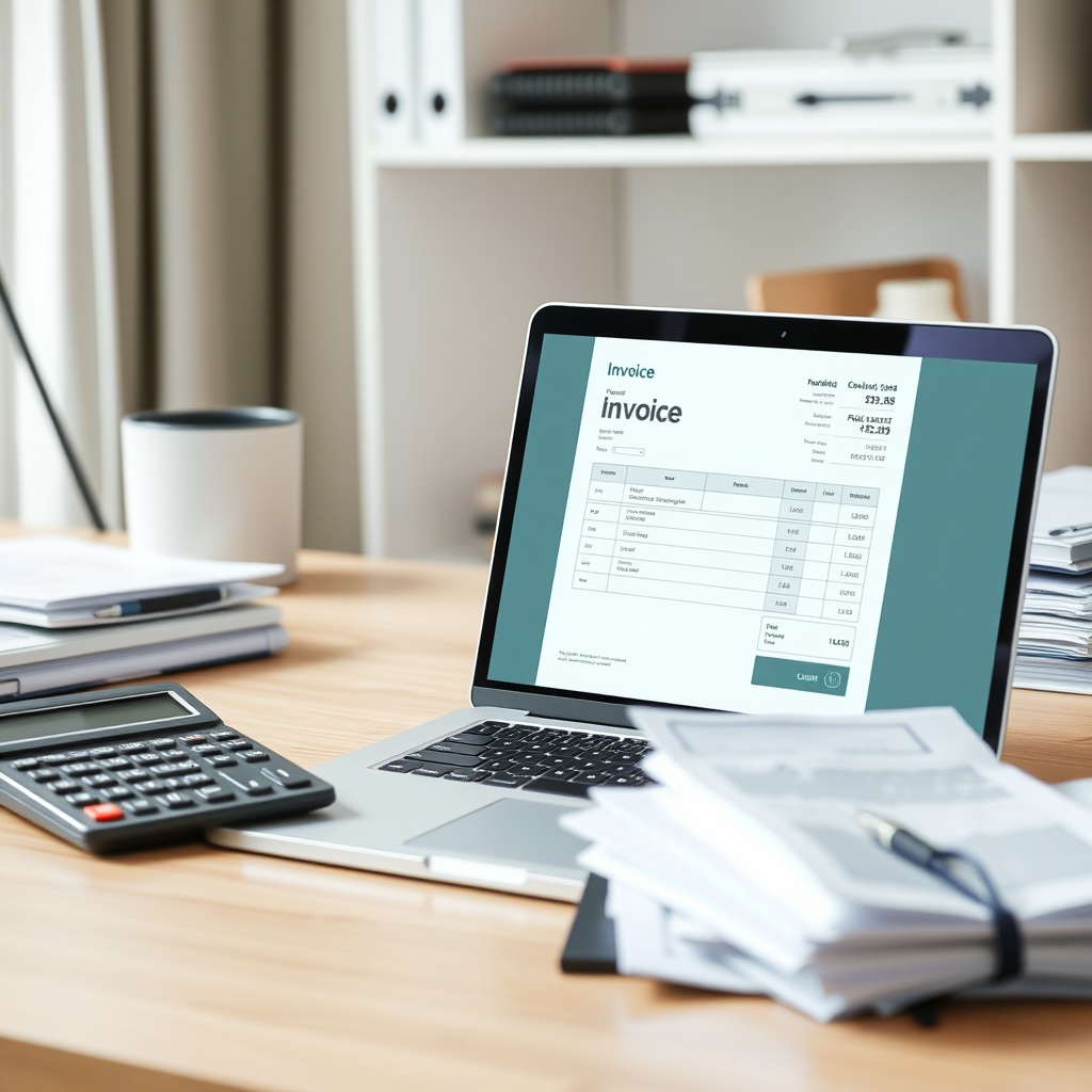 Professional stock photo of a well-organized desk with a laptop displaying a clean invoice template, a calculator, and neatly stacked financial documents, representing efficient billing and payment management for freelancers.