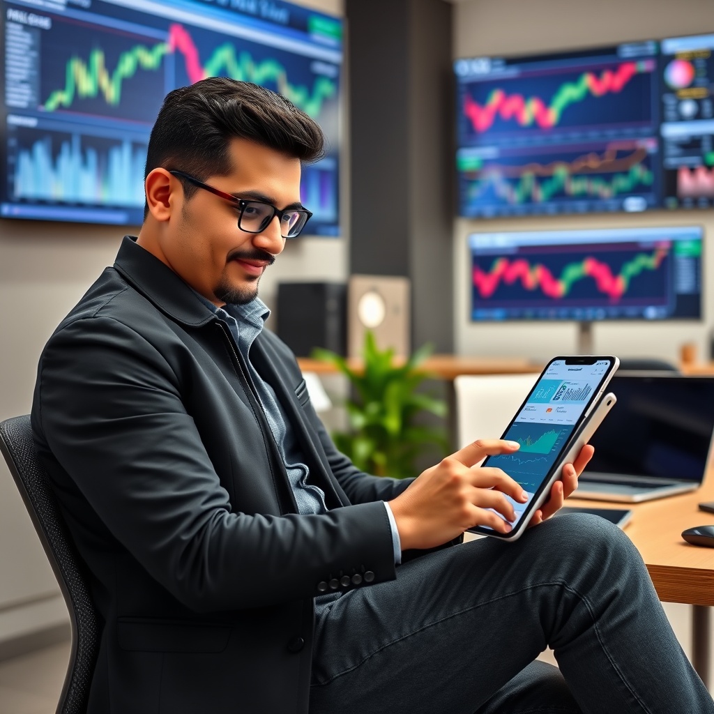 Professional stock photo of a Venezuelan freelancer using a tablet with accounting software and fintech apps visible, sitting in a contemporary workspace with digital devices and financial charts on a screen in the background.