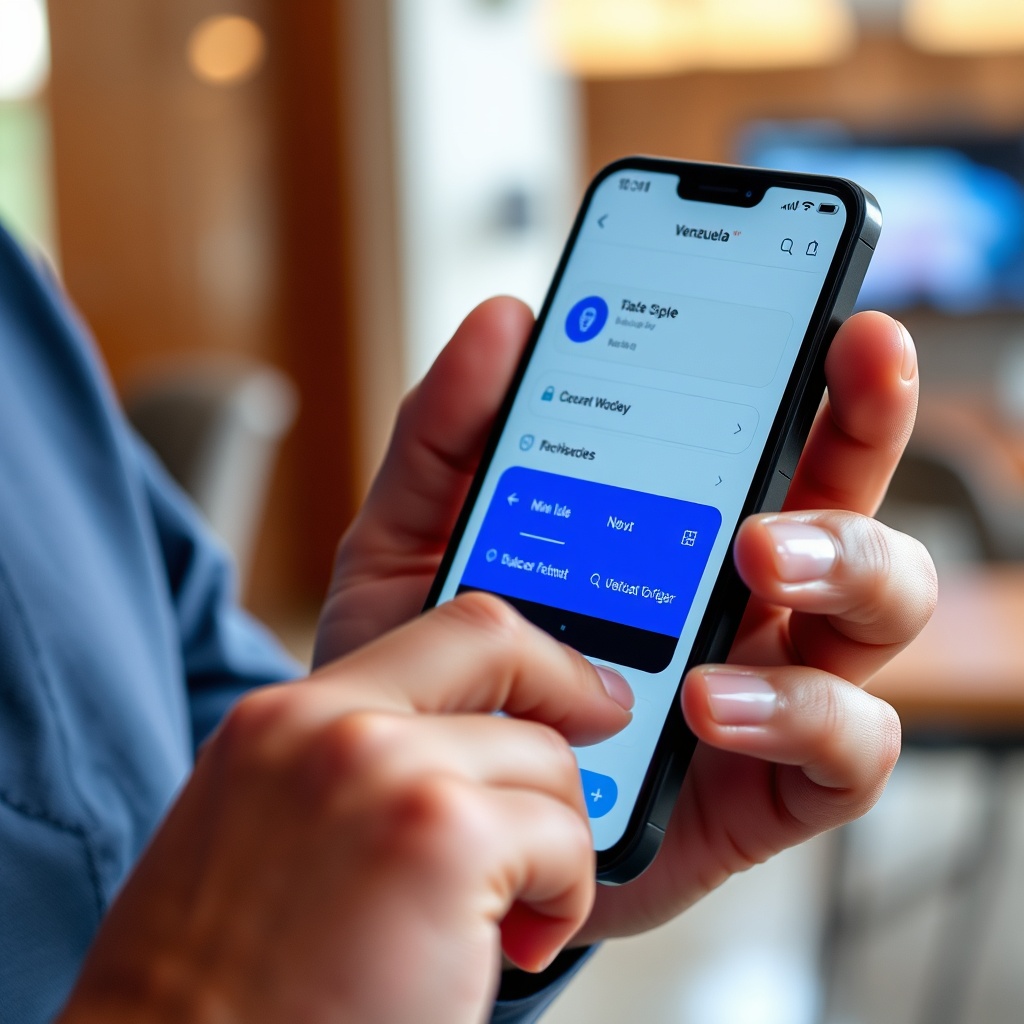 Professional stock photo of a person in Venezuela carefully setting up a digital wallet on a smartphone, with focus on security features and a clean, modern interface, in a well-lit indoor setting.