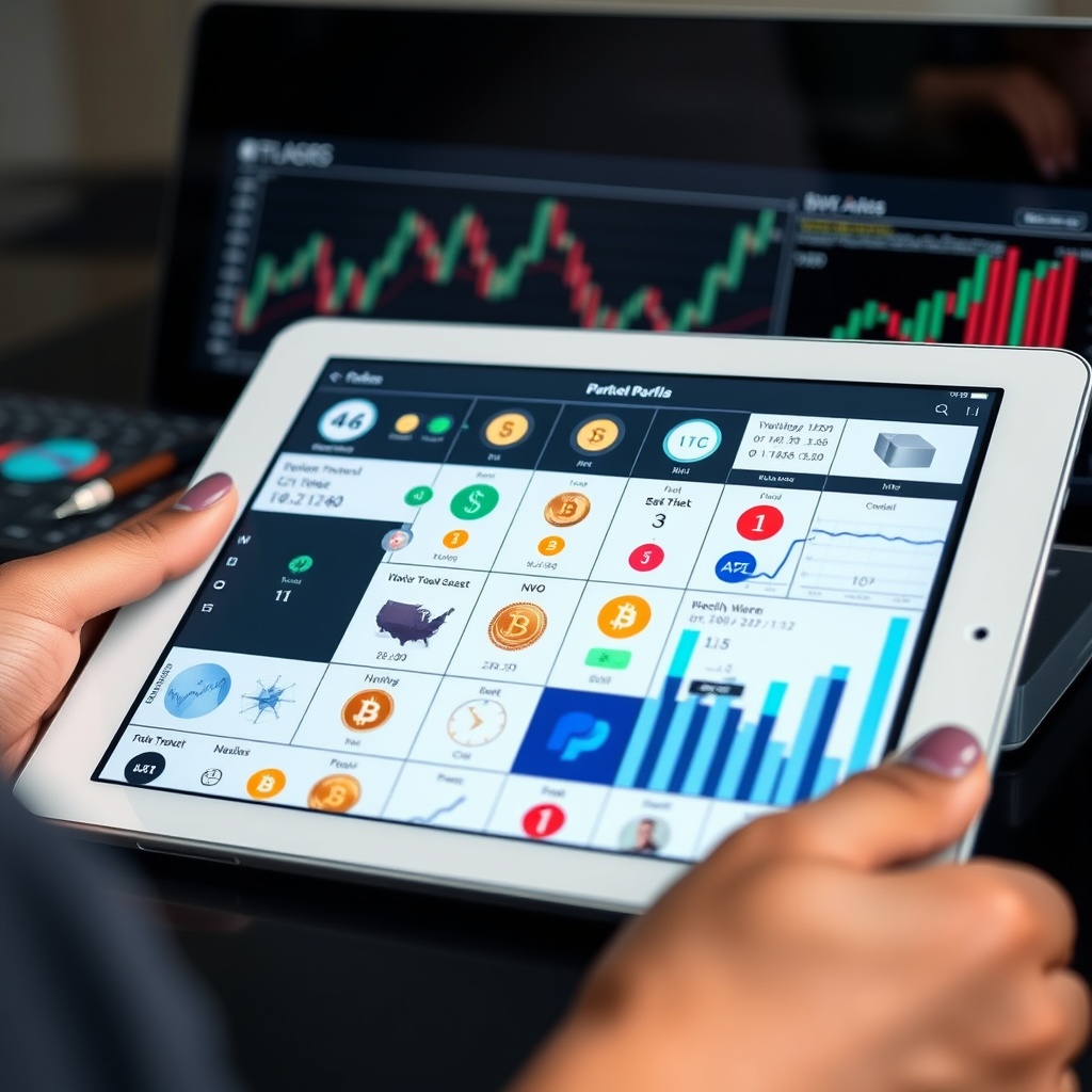Professional stock photo of a diverse portfolio of digital assets displayed on a tablet screen, with charts and graphs in the background, symbolizing advanced wealth preservation and diversification strategies.