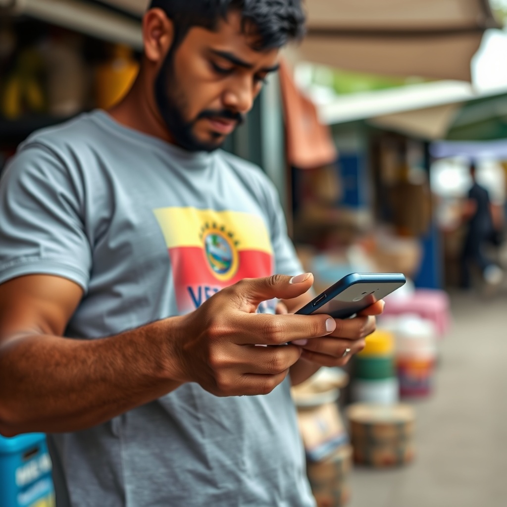 Professional stock photo of a Venezuelan individual using a mobile app to manage stablecoins, with a blurred background of a local market, highlighting practical financial stability tools.