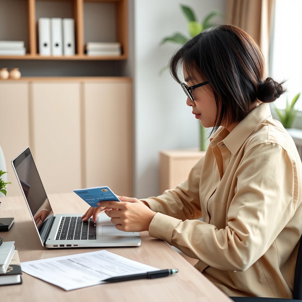 Professional stock photo of a Vietnamese freelancer reviewing bank statements and financial documents on a laptop in a modern home office setting, with a Vietnamese bank card visible, natural lighting, clean composition.