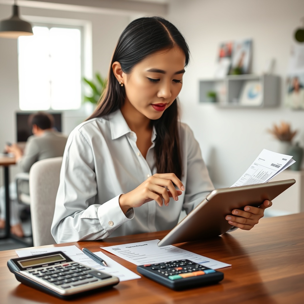 Professional stock photo of a Vietnamese freelancer using a tablet to track expenses and invoices, with receipts and a calculator on a desk, in a bright co-working space, focused and organized.