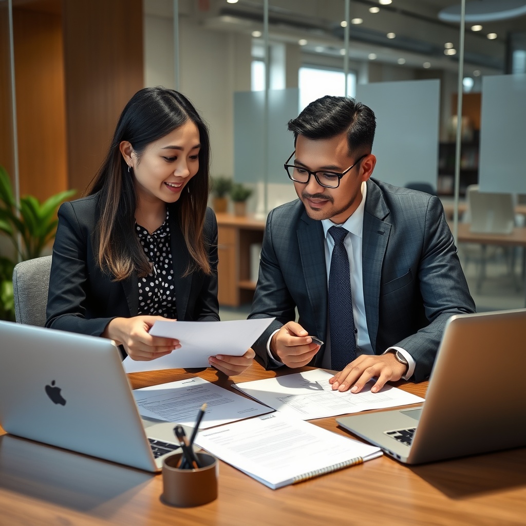 Professional stock photo of a Vietnamese freelancer consulting with a financial advisor over documents, in a professional office setting, discussing tax optimization strategies, collaborative and strategic atmosphere.