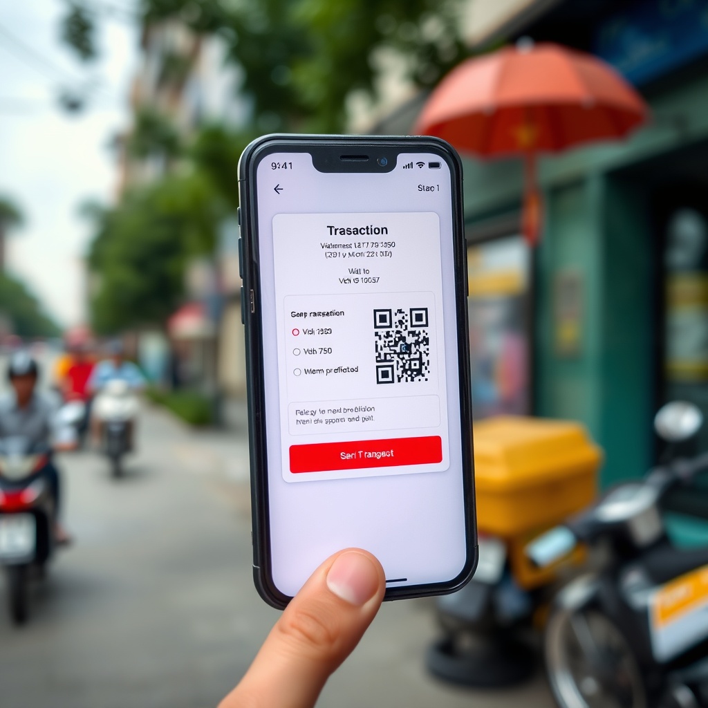 Professional stock photo of a modern digital payment interface on a smartphone screen, showing QR code scanning and transaction confirmation, with a blurred background of a Vietnamese urban street scene, high-quality commercial style.