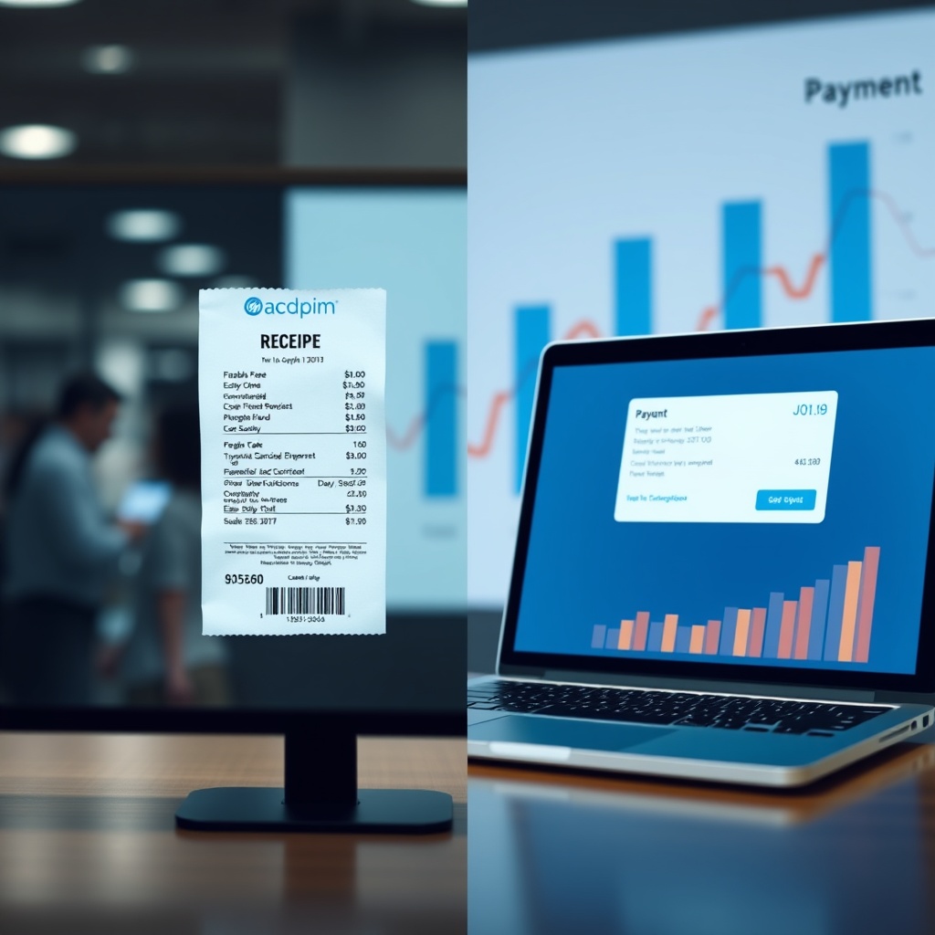 Professional stock photo of a split-screen comparison showing a traditional paper receipt and queue on one side versus a digital payment confirmation on a laptop on the other, with a clean, analytical chart in the background, symbolizing comparative analysis.