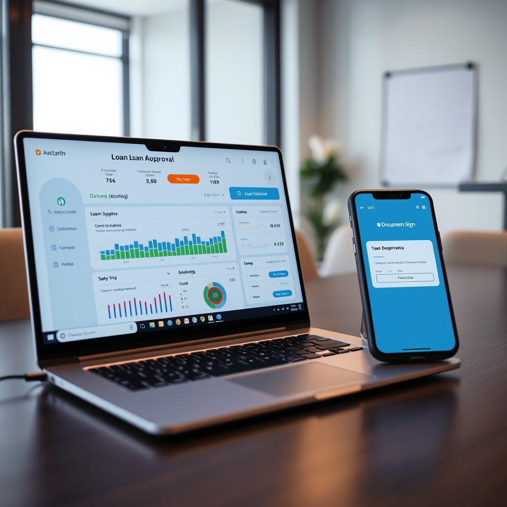 Professional stock photo of a laptop displaying automated loan approval dashboard with data visualizations, next to a smartphone showing digital document signing interface, in a clean office setting, high-quality commercial style.