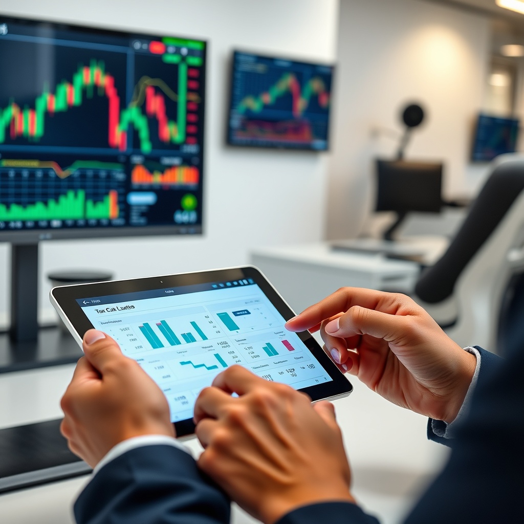 Professional stock photo of a person analyzing cryptocurrency tax calculations on a digital tablet, with a clean office background and financial charts displayed on a monitor.