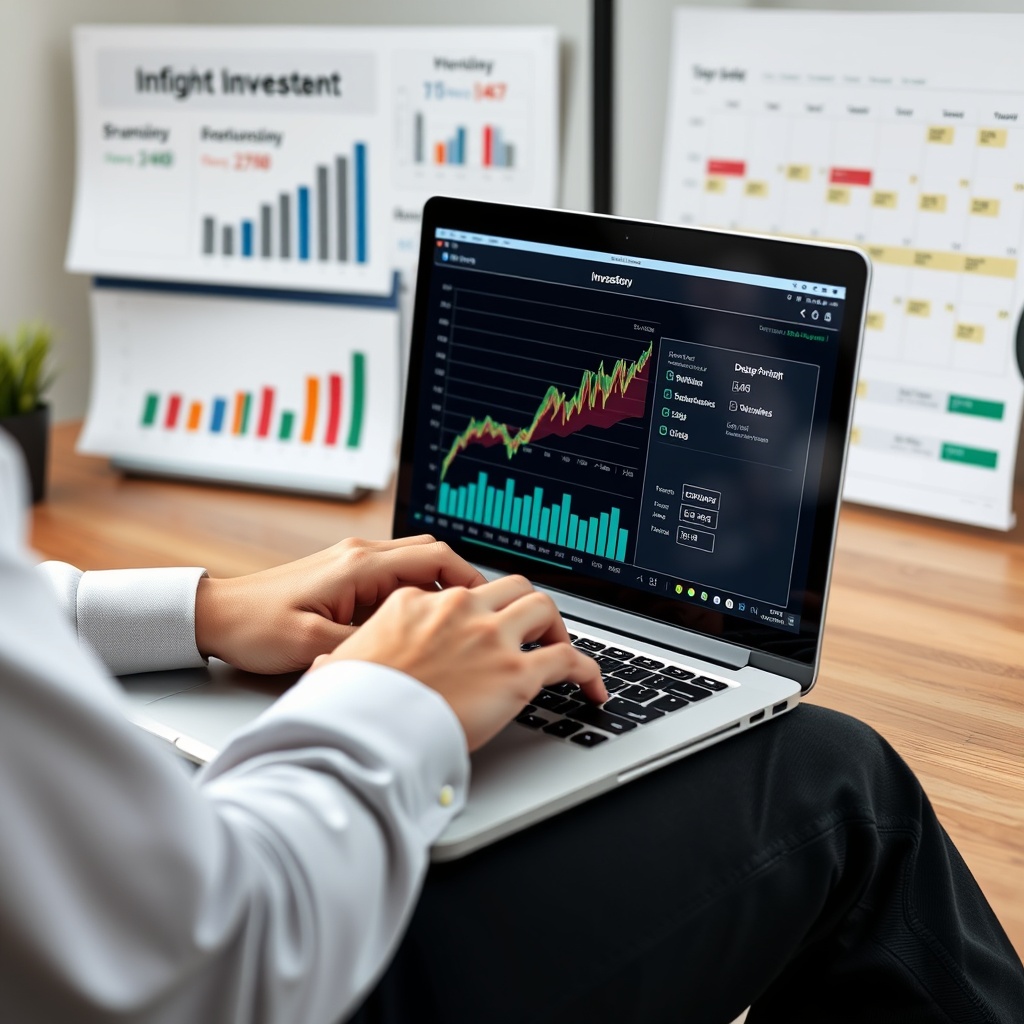 Professional stock photo of a person using advanced tax planning software on a laptop, with strategic investment charts and a calendar for timing optimization visible in the background.