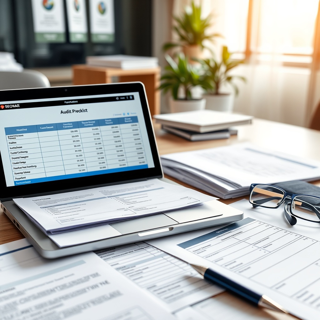 Professional stock photo of organized financial documents and a laptop showing audit preparation materials, with a professional office setting and compliance checklist visible.