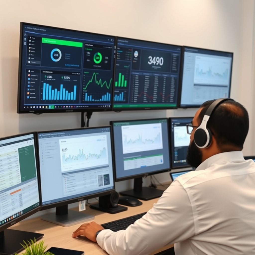 Professional stock photo of a modern digital workspace showing multiple financial management apps and software interfaces on screens, with a Yemeni freelancer efficiently managing automated payment and tracking systems.