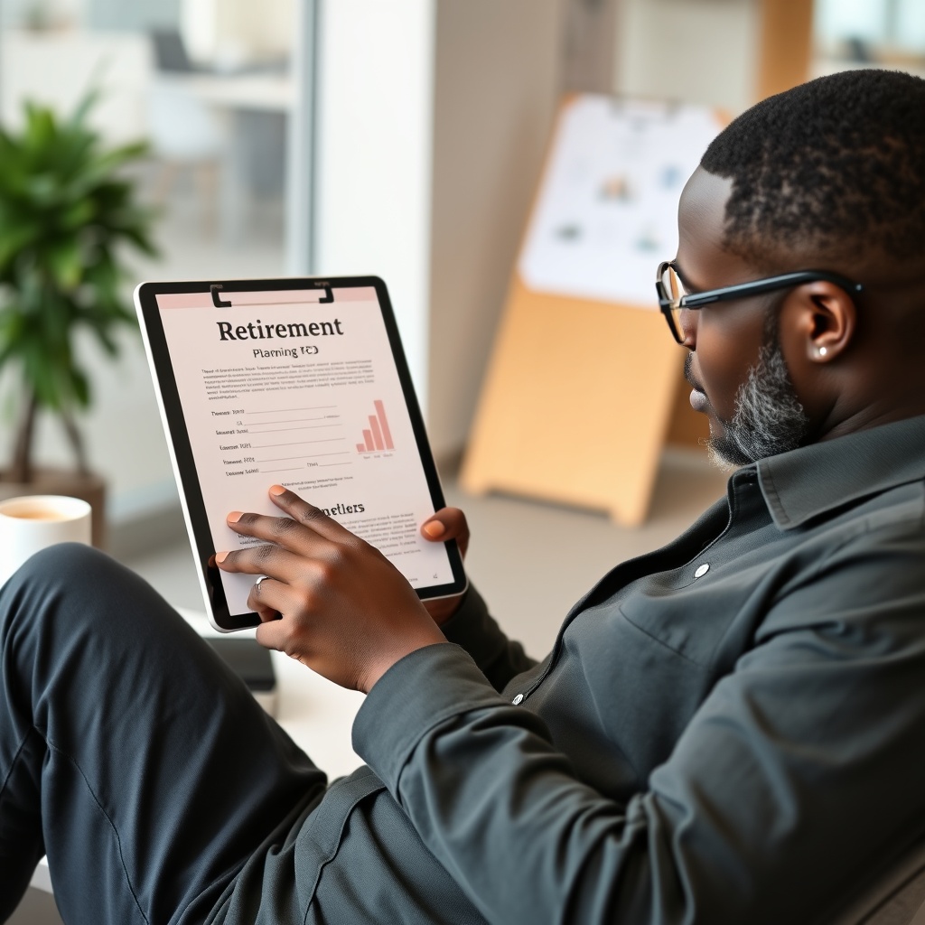 Professional stock photo of a person in Zambia reviewing retirement planning documents on a tablet, with a modern office background and a cup of coffee, symbolizing long-term financial security for freelancers.
