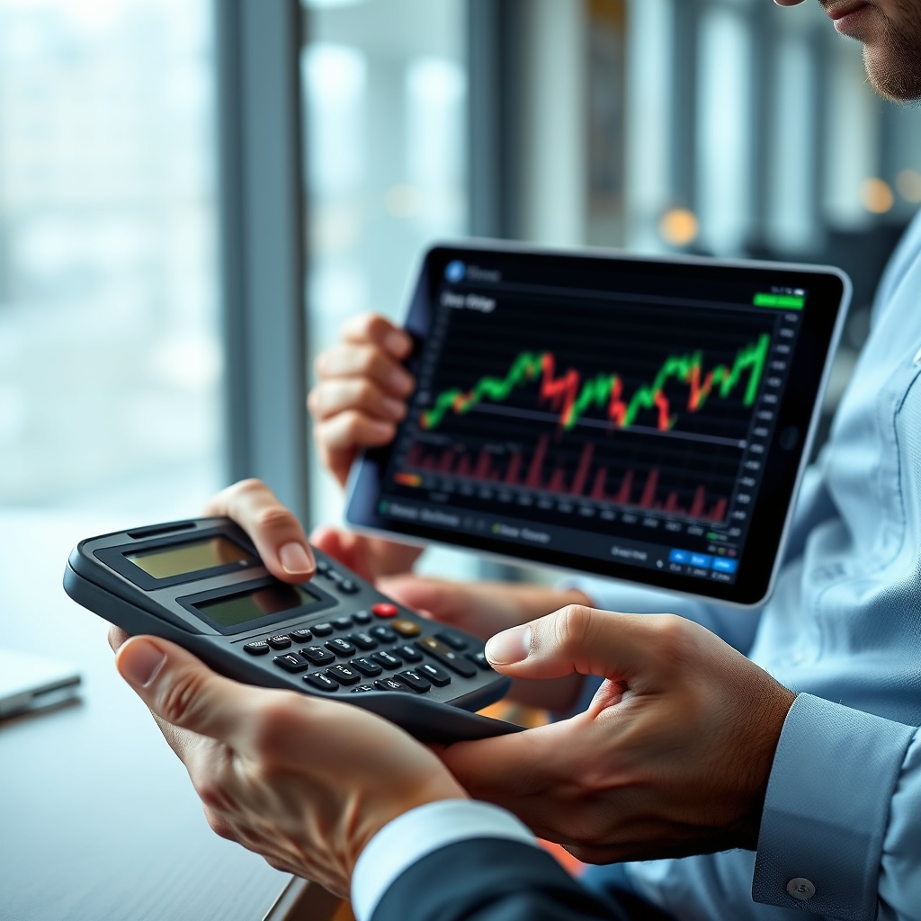 Professional stock photo of a person using a calculator and digital tablet with cryptocurrency charts on screen, focused on financial calculation in a modern office setting.