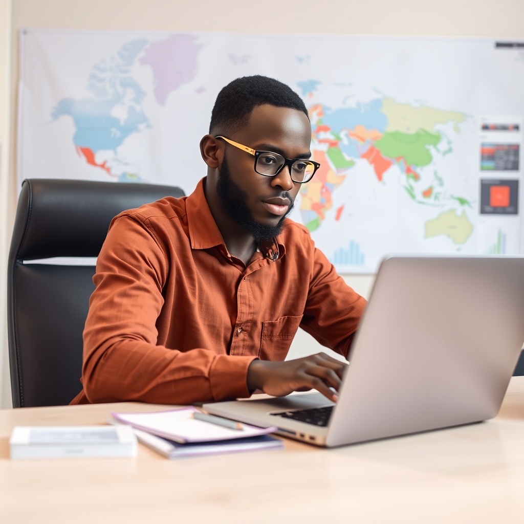 Professional stock photo of a Zambian freelancer using a laptop to manage international payments and currency exchange rates, with a world map and financial charts visible in the background.