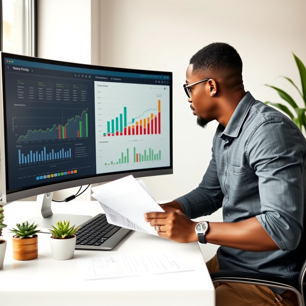 Professional stock photo of a freelancer in Zambia reviewing business growth plans and financial charts on a large monitor, with a clean, modern workspace and plants.