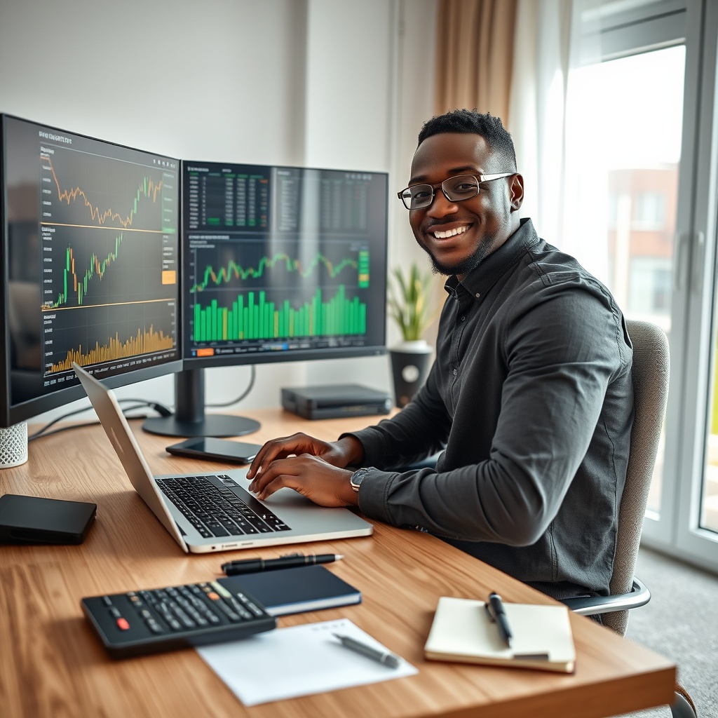 Professional stock photo of a confident Zimbabwean freelancer at a modern laptop, analyzing pricing charts and currency exchange rates on dual monitors in a well-lit home office, with a calculator and notebook nearby.