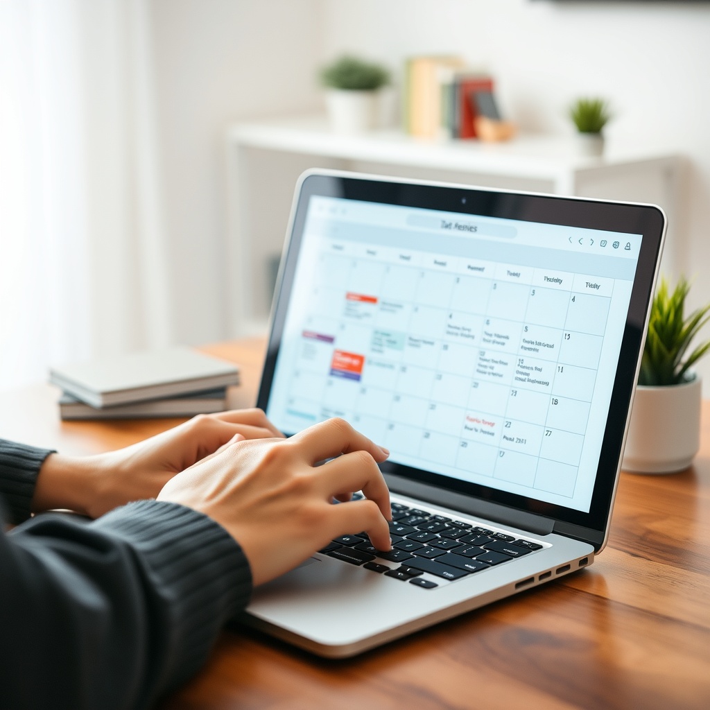Professional stock photo of a person filing documents digitally on a laptop with a calendar showing tax deadlines, in a clean home office environment.