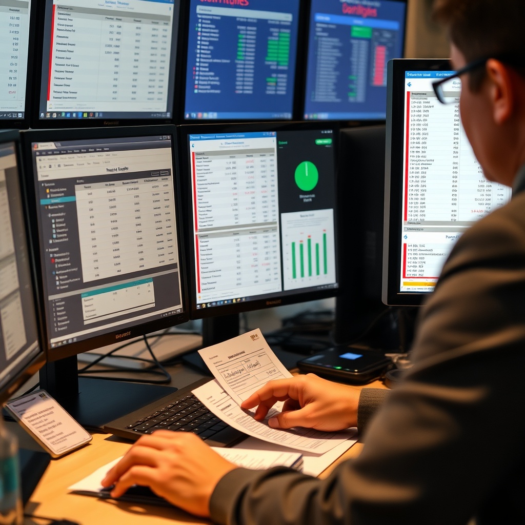 Professional stock photo of a person reviewing bank statements and transaction reports on multiple screens, emphasizing compliance and financial oversight.