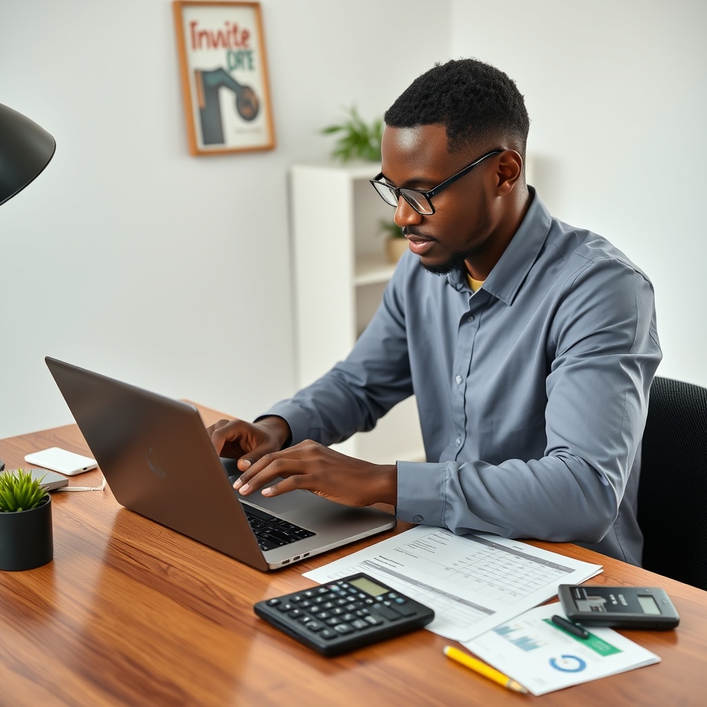 Professional stock photo of a Tanzanian freelancer organizing digital invoices on a laptop with a clean desk setup, showing financial documents and a calculator in a modern home office environment.