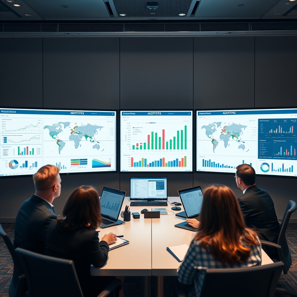 Professional stock photo of a strategic planning session with executives analyzing capital allocation charts across different business lines on multiple monitors, with global maps and investment portfolio visualizations displayed.