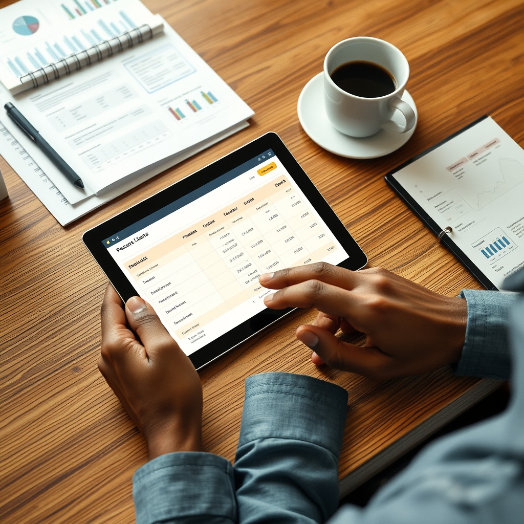 Professional stock photo of a person in Tanzania reviewing business expense receipts and tracking deductions on a tablet, with a coffee cup and organized financial records on a wooden desk.