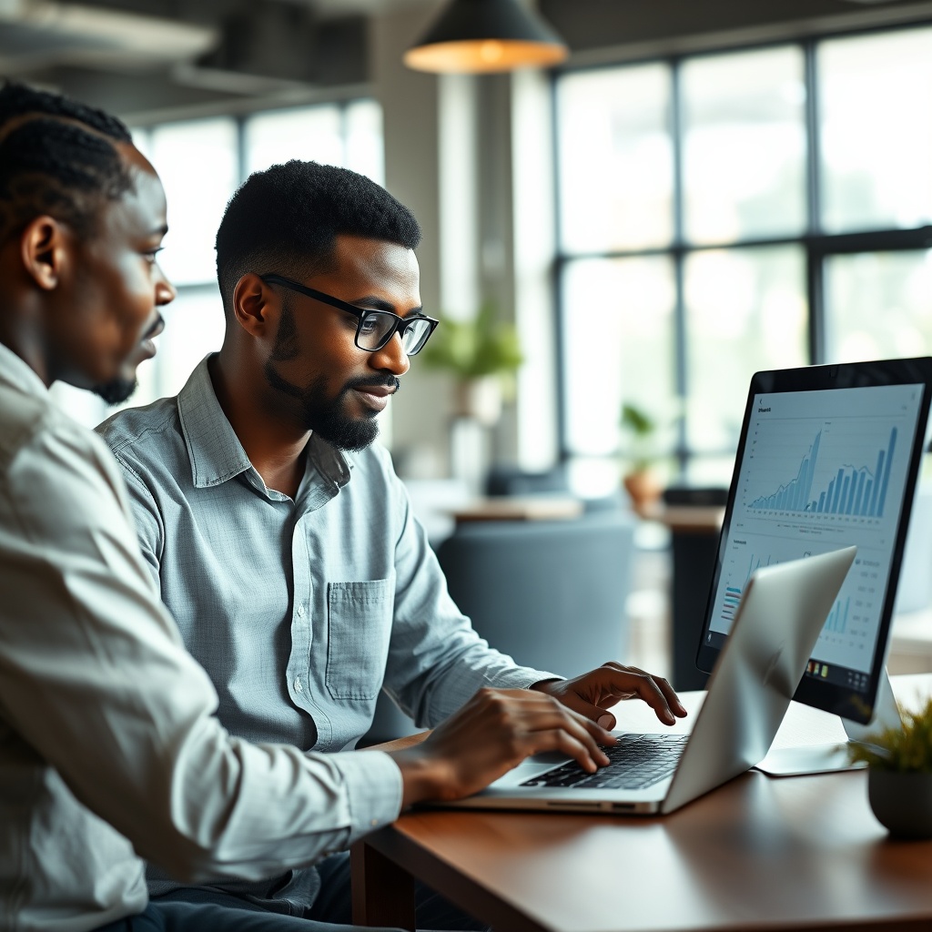 Professional stock photo of a Tanzanian entrepreneur discussing business growth strategies with a colleague over digital charts and financial projections on a laptop screen in a co-working space.