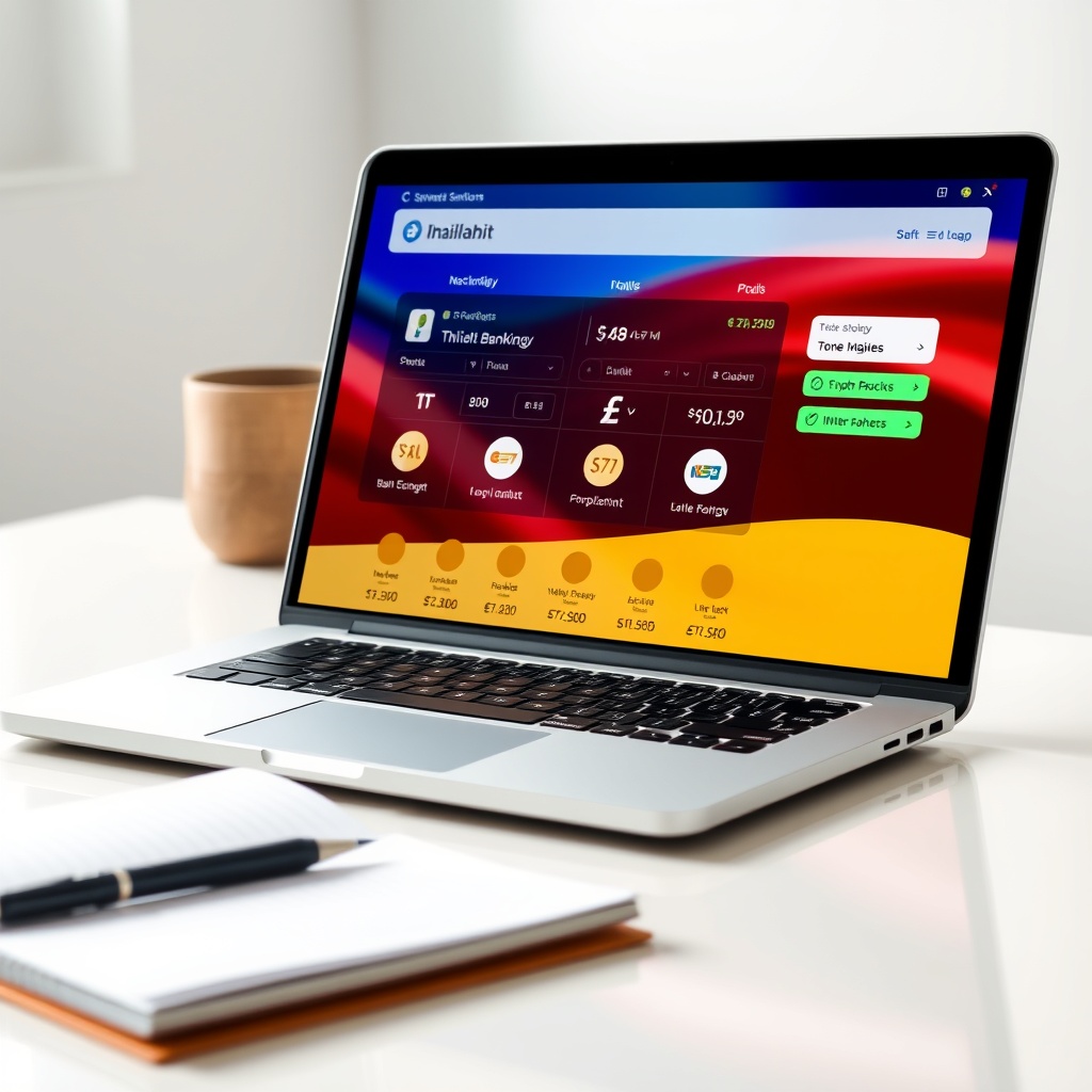 Professional stock photo of a modern laptop showing a digital banking interface with Thai baht and multiple currency symbols displayed, set on a clean workspace with a notebook and pen, representing financial infrastructure setup for freelancers.