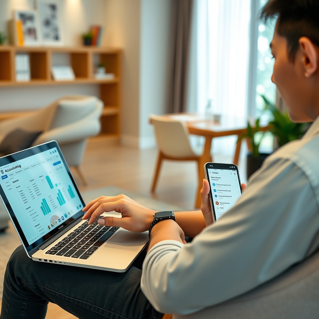 Professional stock photo of a freelancer using multiple digital devices simultaneously - laptop showing accounting software, tablet with expense tracking app, and smartphone with payment notifications - in a modern Thai home office setting.