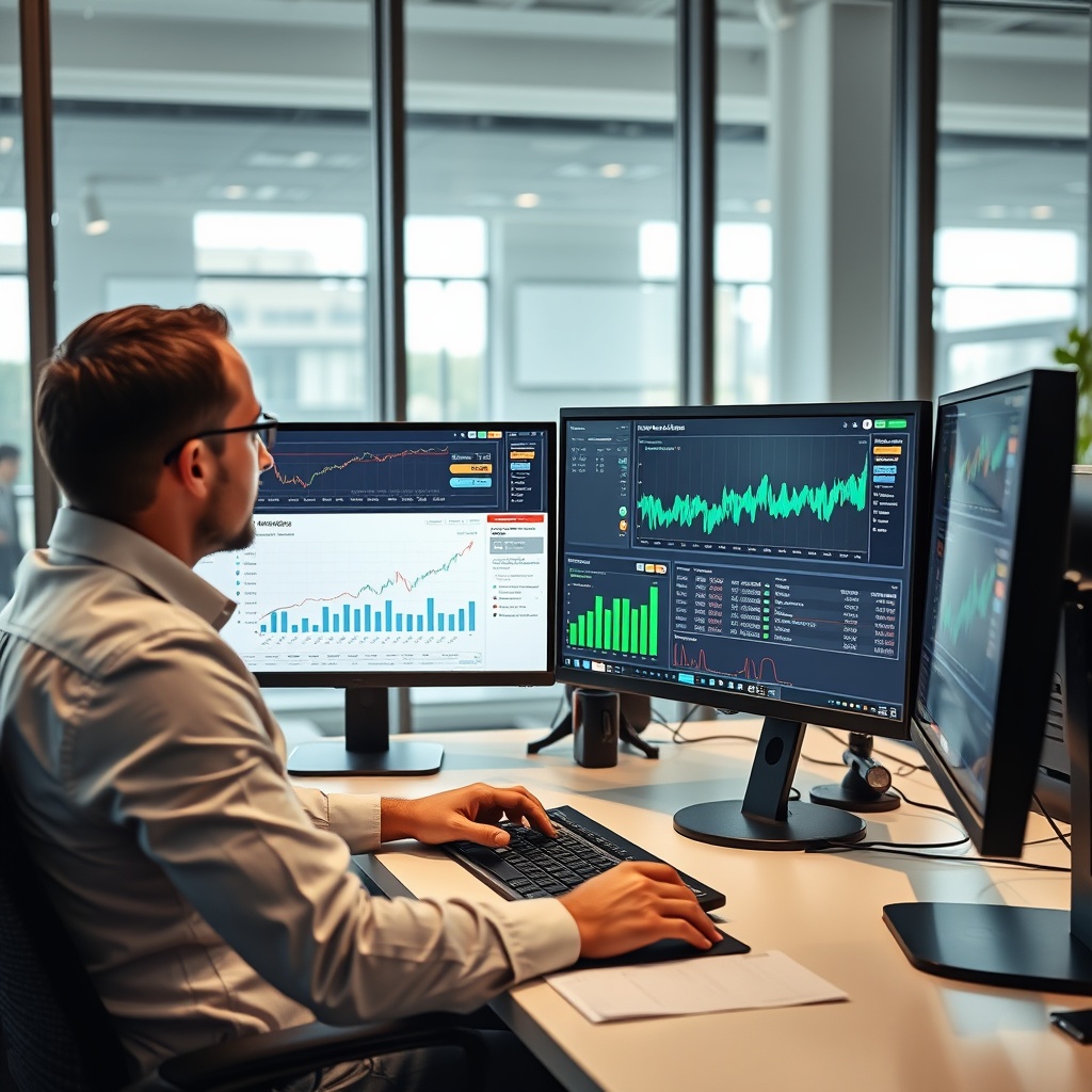 Professional stock photo of a financial analyst in a modern office analyzing data visualizations on multiple screens showing market trends and investment projections for 2026.