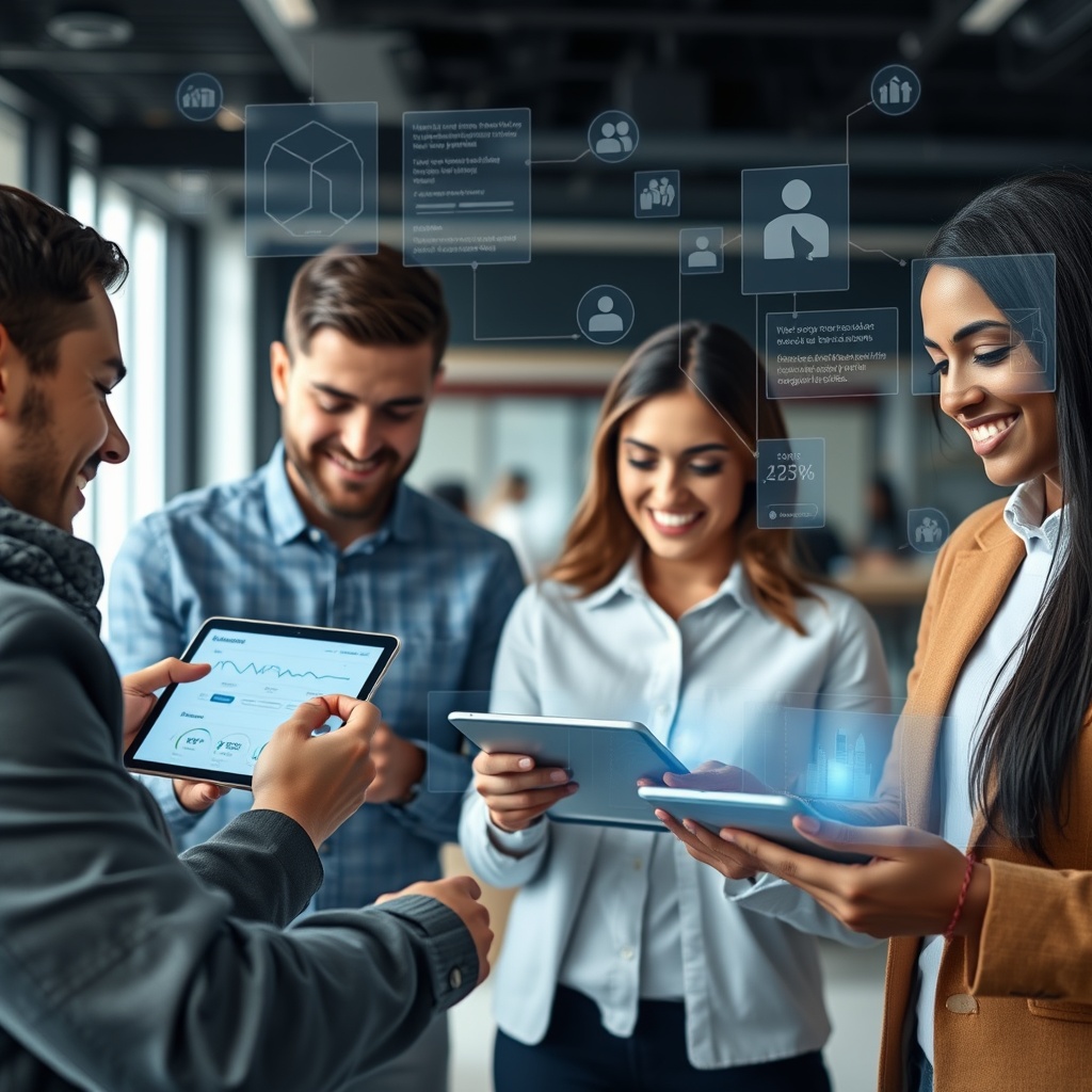 Professional stock photo of diverse insurance customers interacting with personalized digital interfaces on tablets and smartphones, with AI visualization overlays showing tailored recommendations.