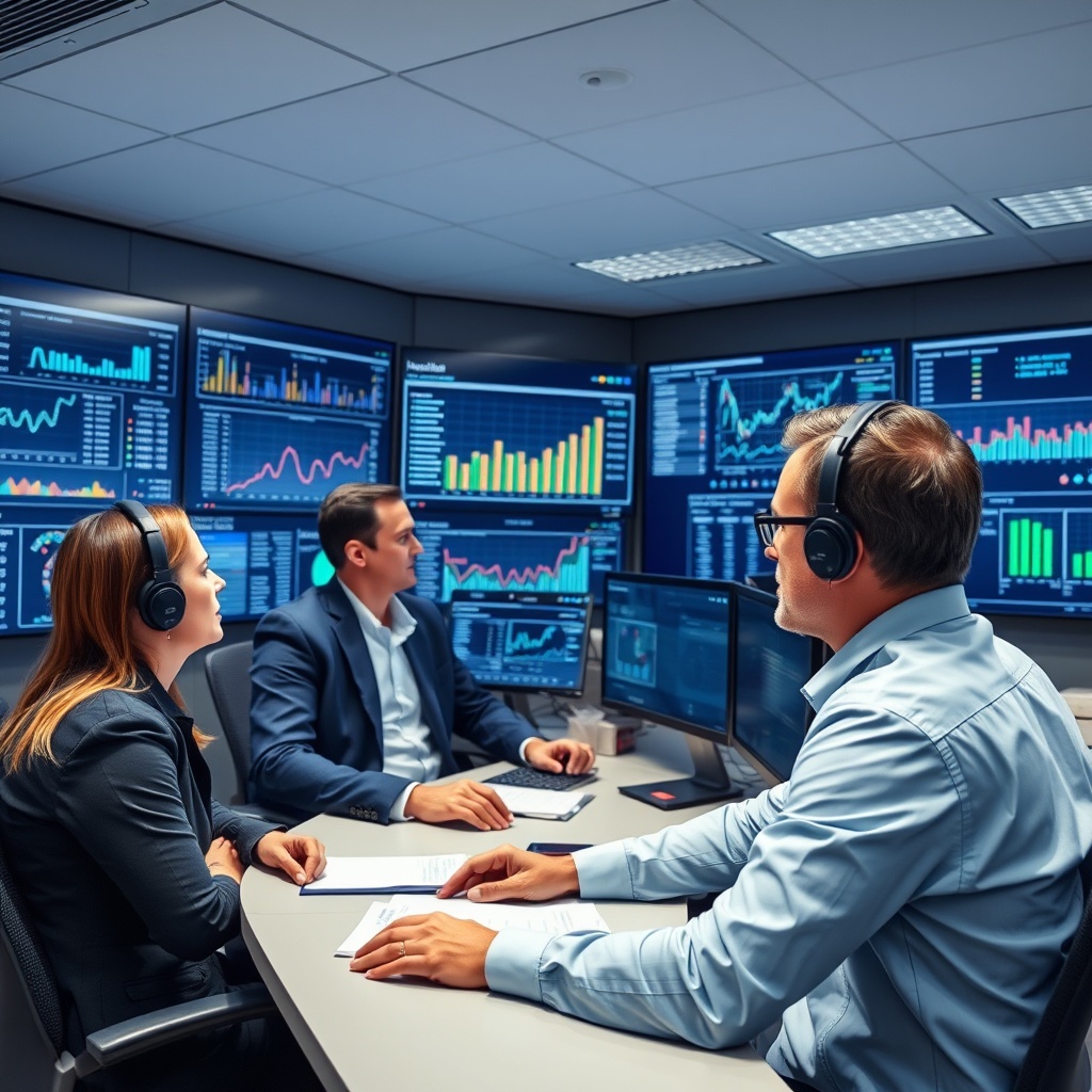Professional stock photo of insurance professionals in a control room monitoring real-time analytics dashboards with predictive models and automated decision-making interfaces.