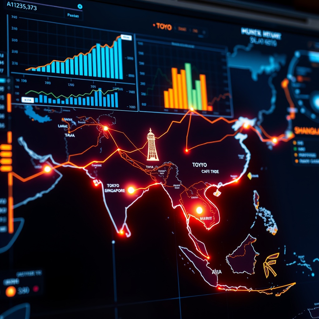 Professional stock photo of a futuristic digital dashboard displaying market growth charts and data visualizations over a map of Asia, with glowing lines connecting major financial hubs like Tokyo, Singapore, and Shanghai, symbolizing economic expansion and forecasting.
