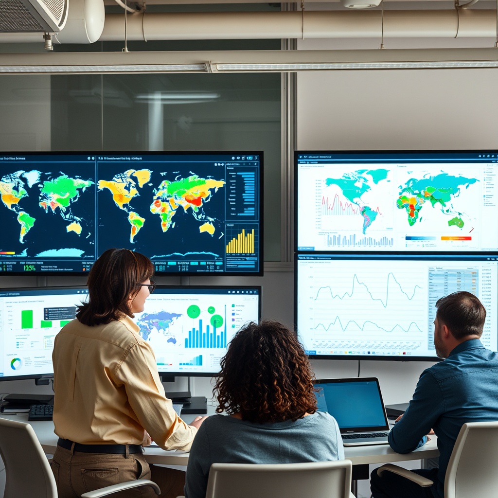 Professional stock photo of a diverse team of data scientists and insurance professionals collaborating in a modern office, analyzing complex risk models on large digital screens, with maps and graphs showing parametric triggers and payout structures.