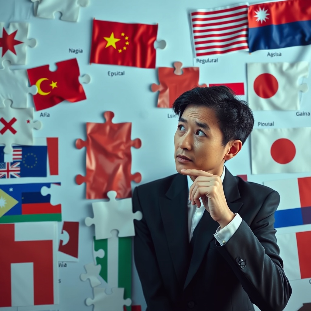 Professional stock photo of a businessperson looking thoughtfully at a puzzle with missing pieces, set against a backdrop of fragmented regulatory documents and diverse Asian country flags, representing adoption barriers and complexity.