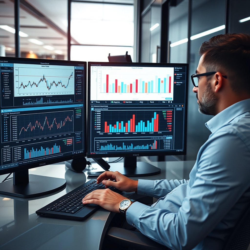 Professional stock photo of a modern financial analyst reviewing investment charts and data visualisations on multiple screens, with a focus on deal flow analysis and capital allocation trends in a sleek office environment.