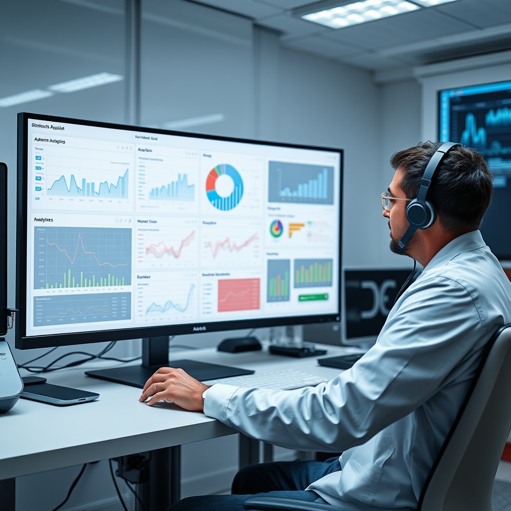 Professional stock photo of a data scientist working with advanced analytics dashboards and visualizations on a large monitor, showcasing hyper-personalization and risk assessment models in a clean, tech-focused workspace.