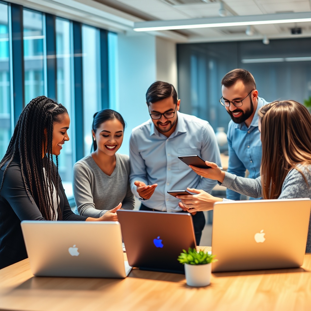 Professional stock photo of a diverse team collaborating on a digital customer experience platform, using tablets and laptops to design seamless omnichannel engagement in a bright, modern office setting.