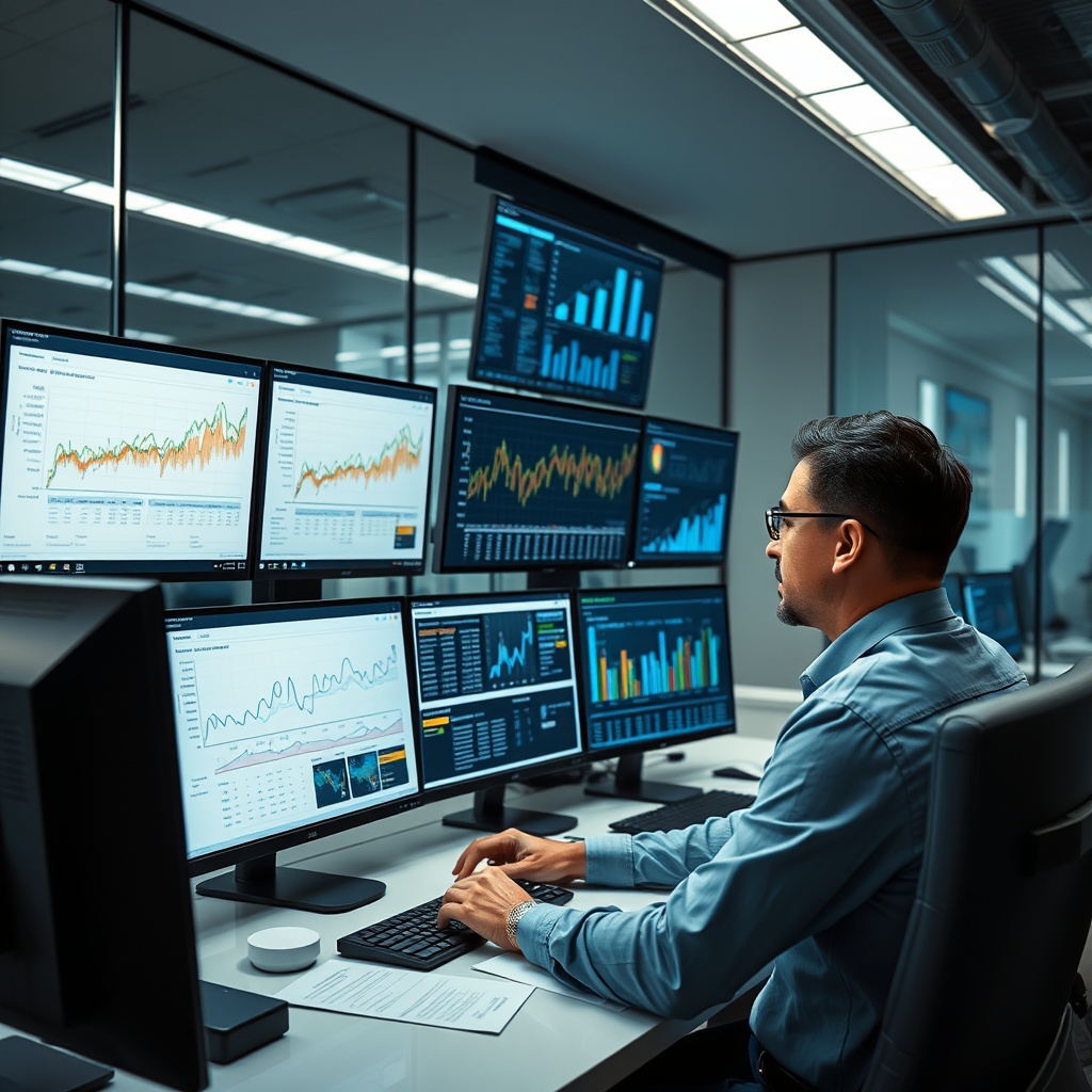 Professional stock photo of a modern insurance underwriter analyzing complex data visualizations on multiple high-resolution monitors in a sleek, tech-forward office environment, with graphs and charts displaying risk metrics and predictive models.