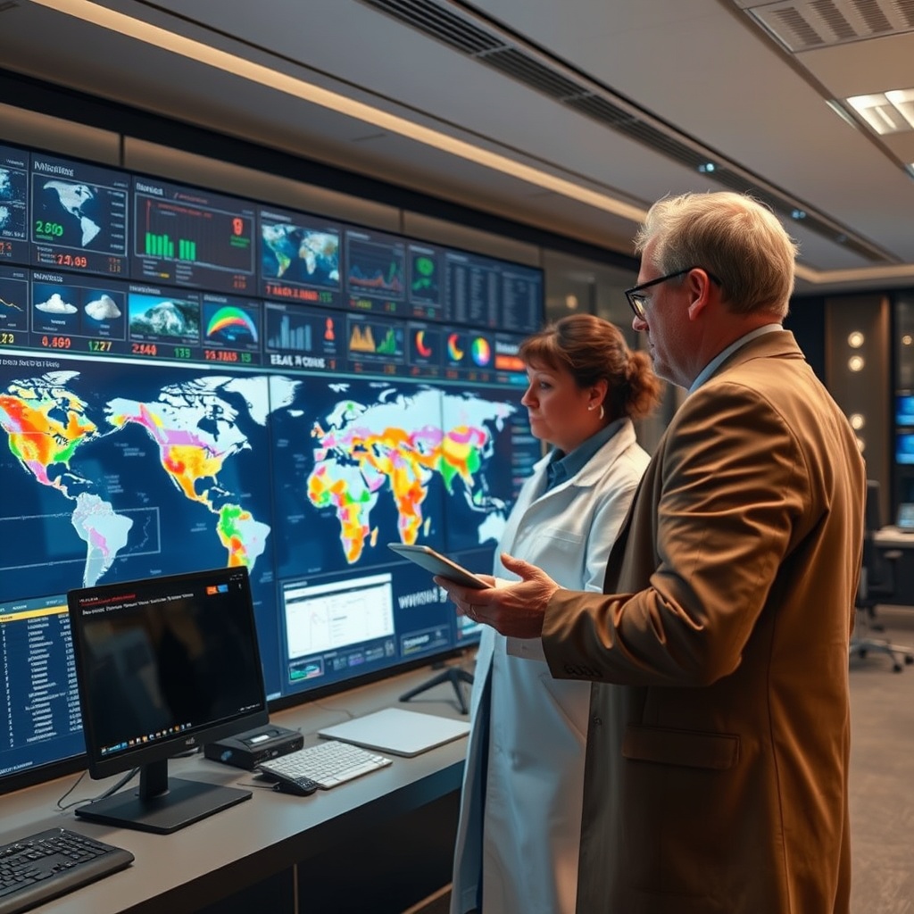 Professional stock photo of a climate scientist and insurance analyst collaborating over a large interactive digital map showing weather patterns, catastrophe risk zones, and real-time data feeds in a sophisticated control room setting.