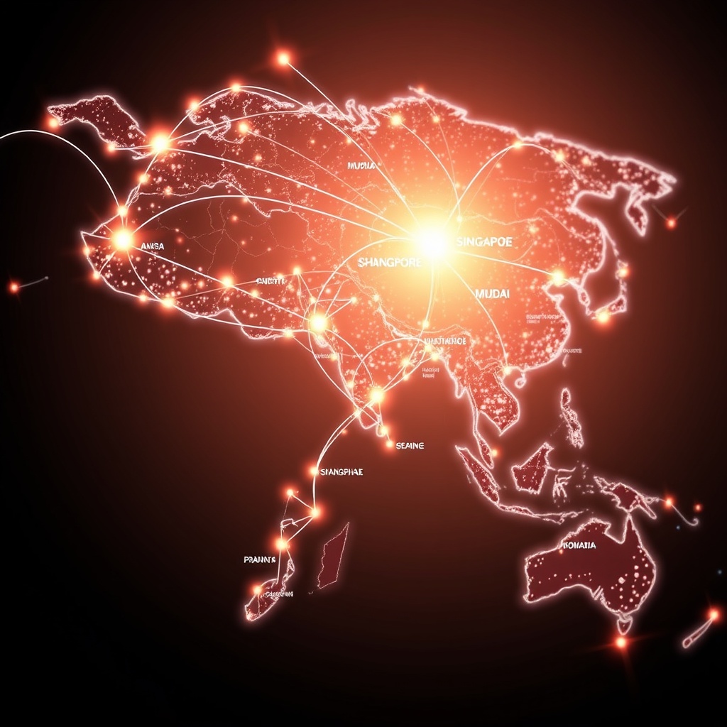 A dynamic, professional stock photo of a glowing world map highlighting Asia with digital connections radiating from major cities like Singapore, Shanghai, and Mumbai, symbolizing investment hotspots and cross-border flows.