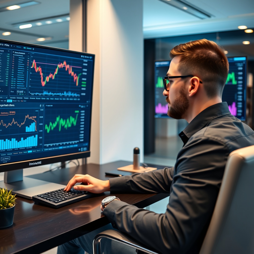 A professional stock photo of a modern investor analyzing financial charts and startup metrics on dual monitors in a sleek office, representing investment stage analysis and risk assessment.