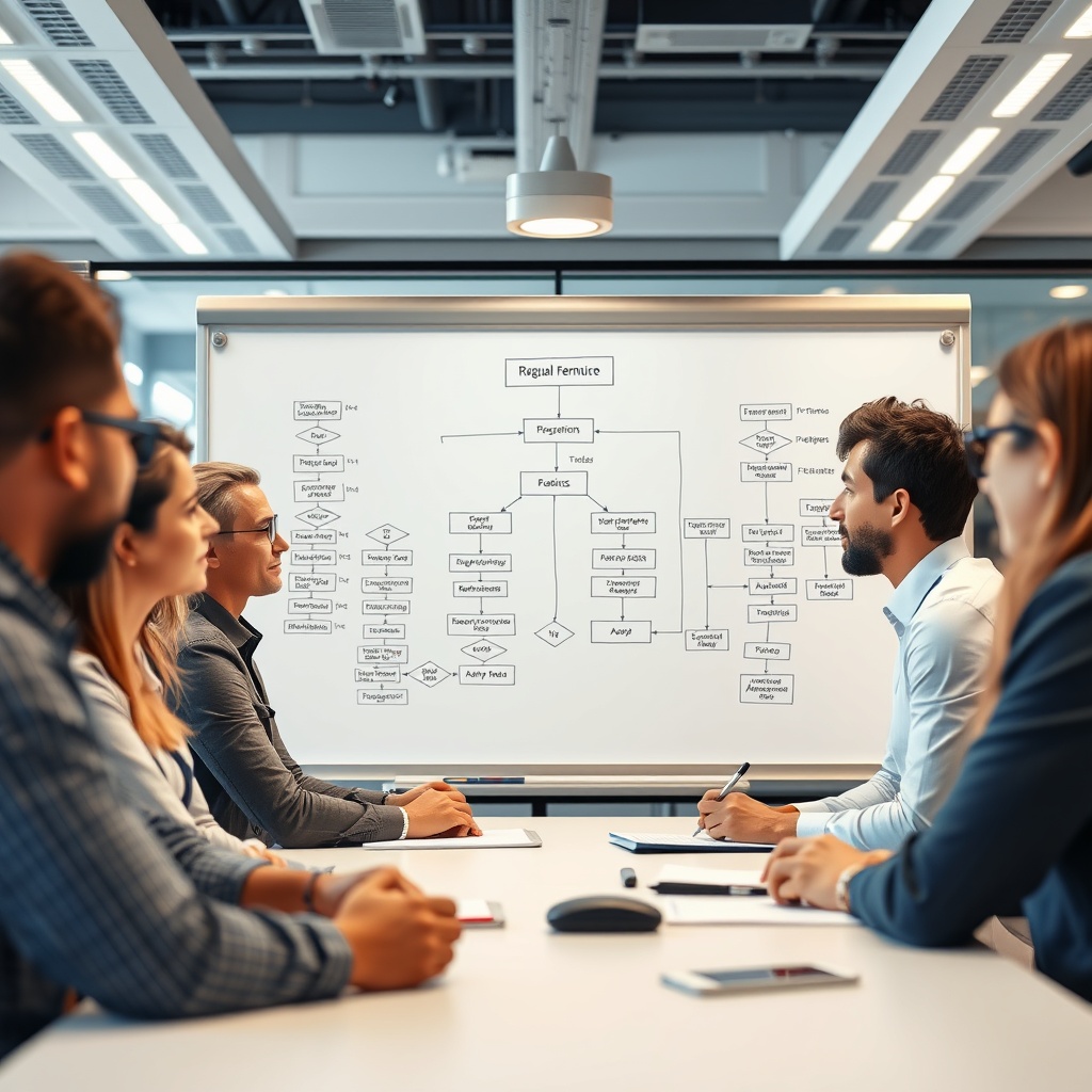 A professional stock photo of a diverse team in a tech workspace facing a complex regulatory flowchart on a whiteboard, symbolizing compliance hurdles and integration challenges.