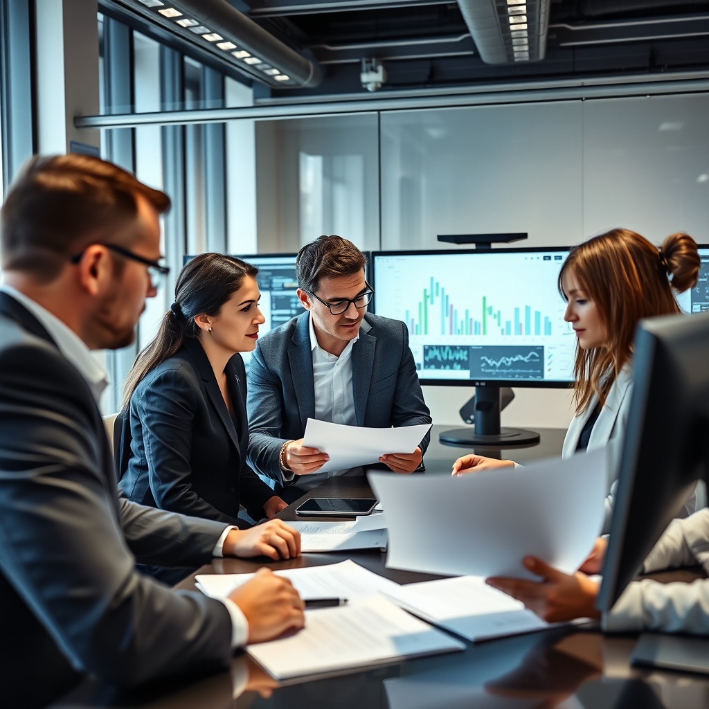 Professional stock photo of a diverse investment team conducting due diligence in a modern European office, analyzing documents and data on multiple screens, with a focus on collaboration and strategic evaluation.
