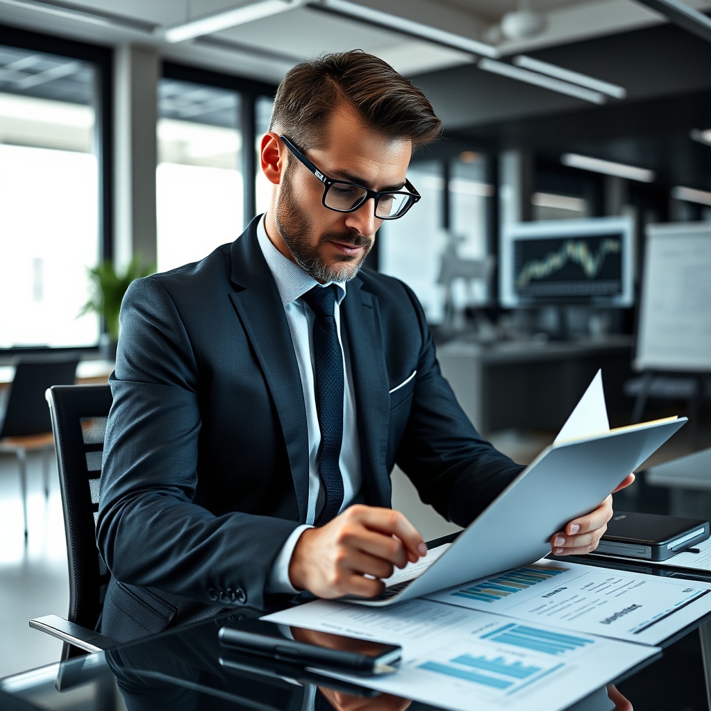 Professional stock photo of a modern European financial analyst structuring investment terms using digital tools, with charts and legal documents visible, set in a sleek, contemporary workspace.